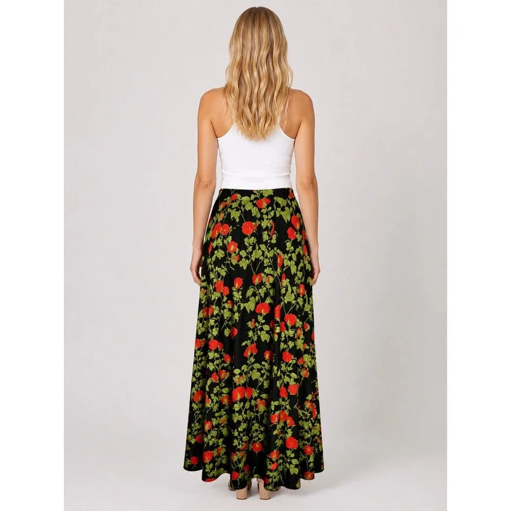 BERNADETTE Antwerp Kennedy Climbing Roses Floral Maxi Skirt Black Red Small 36